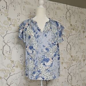 Joie Blue Flutter Sleeve Ruffled Blouse